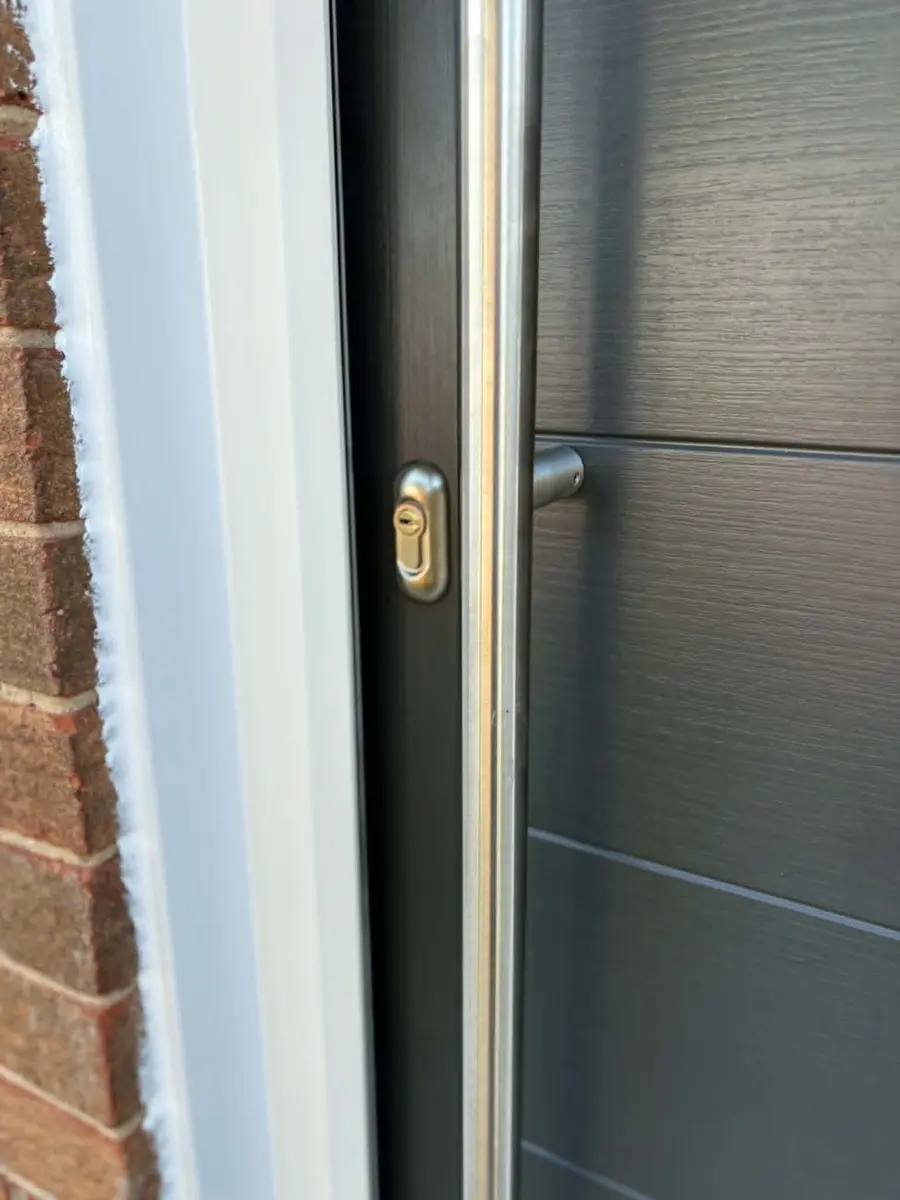 Blue composite front door installation