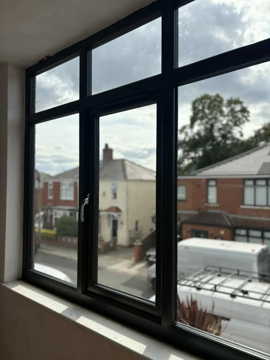 Dark-framed replacement window viewed inside