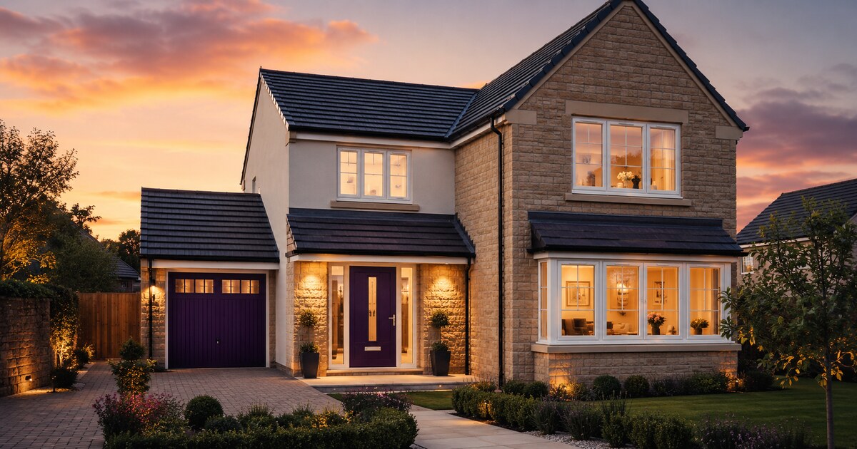 A warm premium home with modern white windows and a deep plum entrance